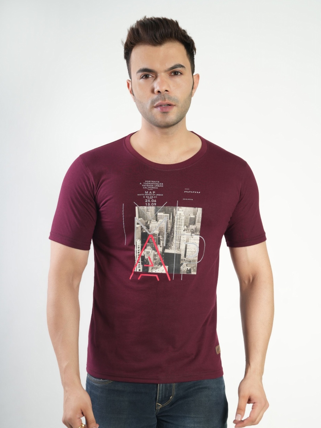 

Polo Plus Men Graphic Printed Round Neck Cotton T-Shirt, Maroon