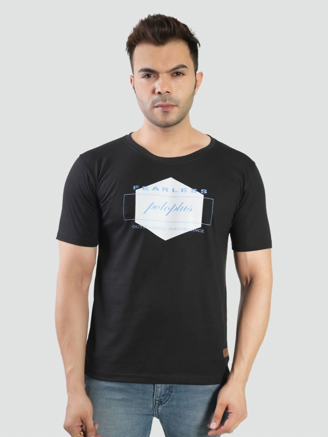 

Polo Plus Men Graphic Printed Round Neck Cotton T-Shirt, Black