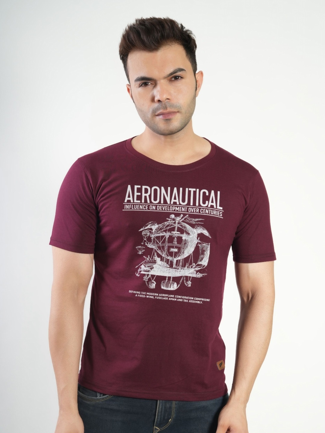 Polo Plus Men Graphic Printed Round Neck Cotton T-Shirt, Maroon