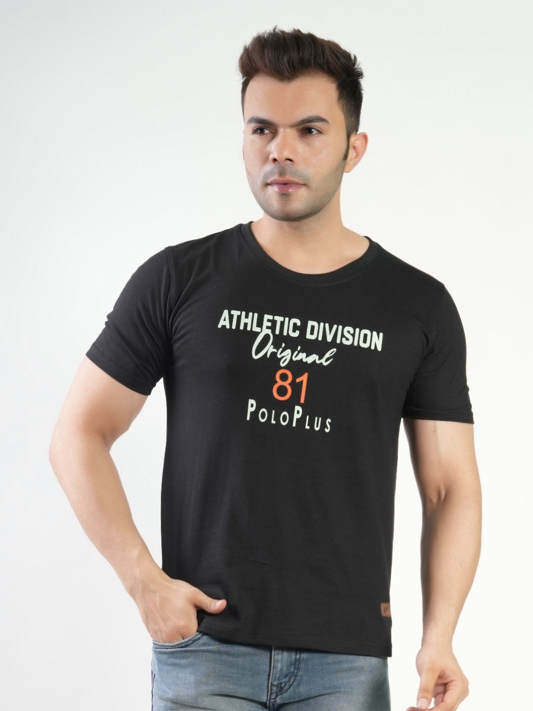 Polo Plus Men Graphic Printed Round Neck Cotton T-Shirt, Black