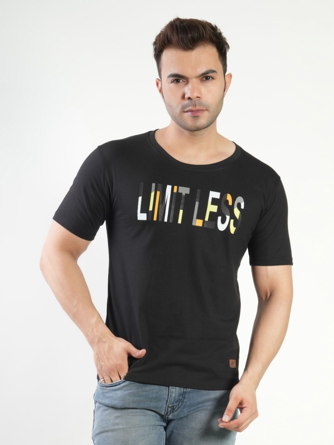 

Polo Plus Men Graphic Printed Round Neck Cotton T-Shirt, Black