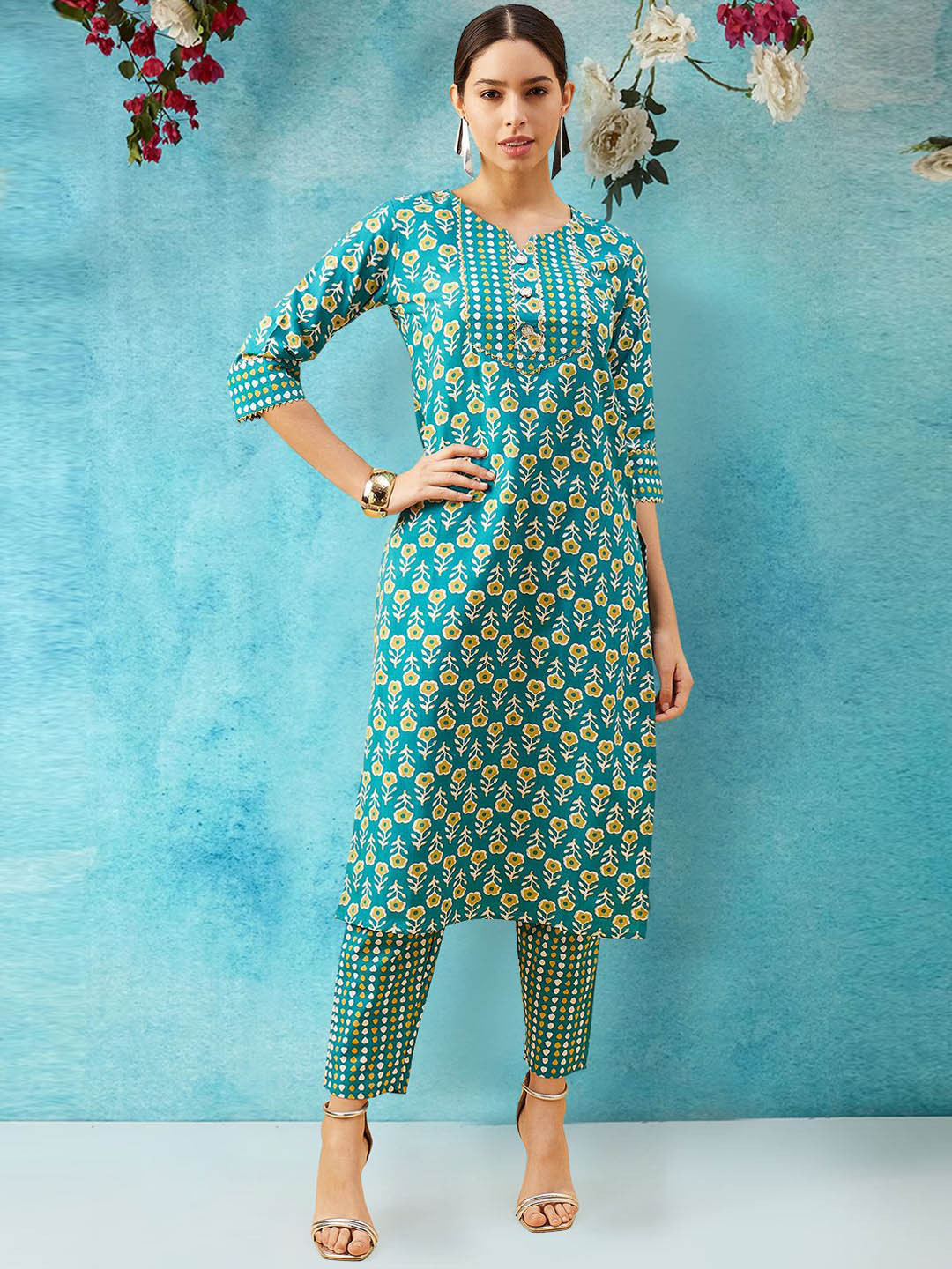 

A.V.M Prints Floral Printed Regular Pure Cotton Kurta with Trousers, Turquoise blue