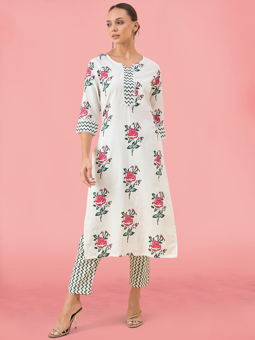 

A.V.M Prints Floral Printed Regular Pure Cotton Kurta with Trousers, White