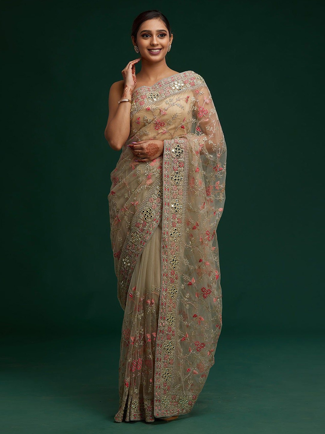 

Jinal & Jinal Floral Embroidered Organza Saree, Beige