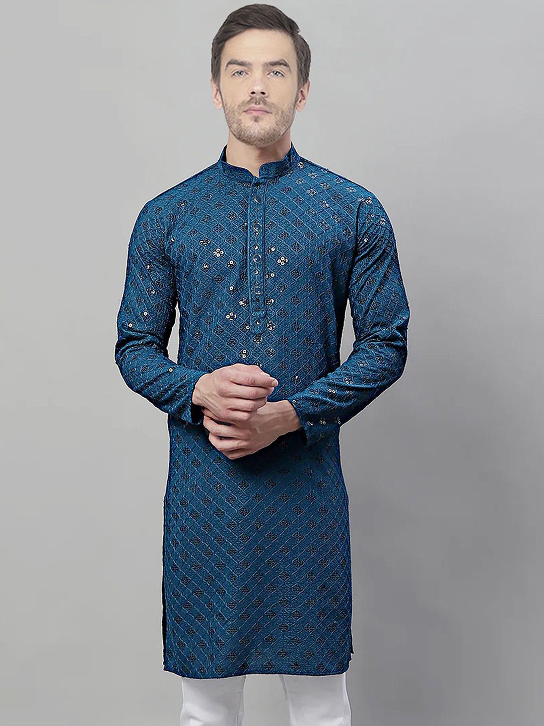 

SG LEMAN Geometric Embroidered Mandarin Collar Sequinned Straight Kurta, Teal