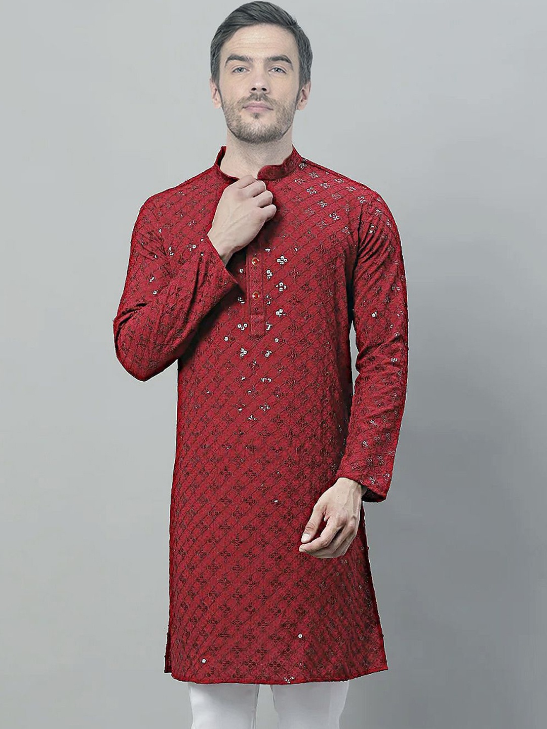 

SG LEMAN Geometric Embroidered Mandarin Collar Sequinned Straight Kurta, Maroon