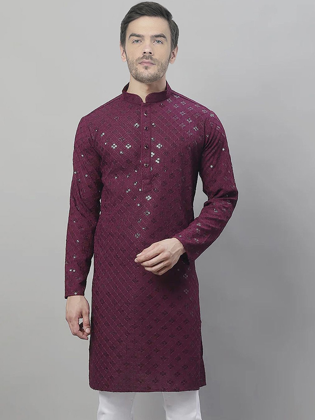 

SG LEMAN Geometric Embroidered Mandarin Collar Sequinned Straight Kurta, Purple