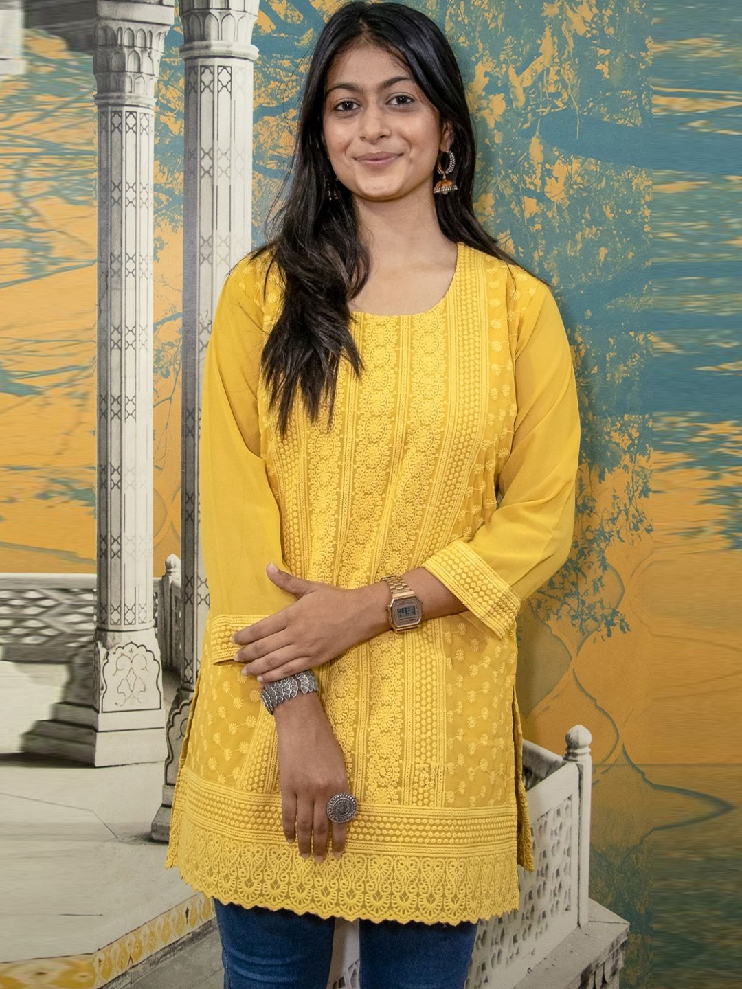 

BAESD Embroidered Chikankari Chikankari Kurti, Mustard