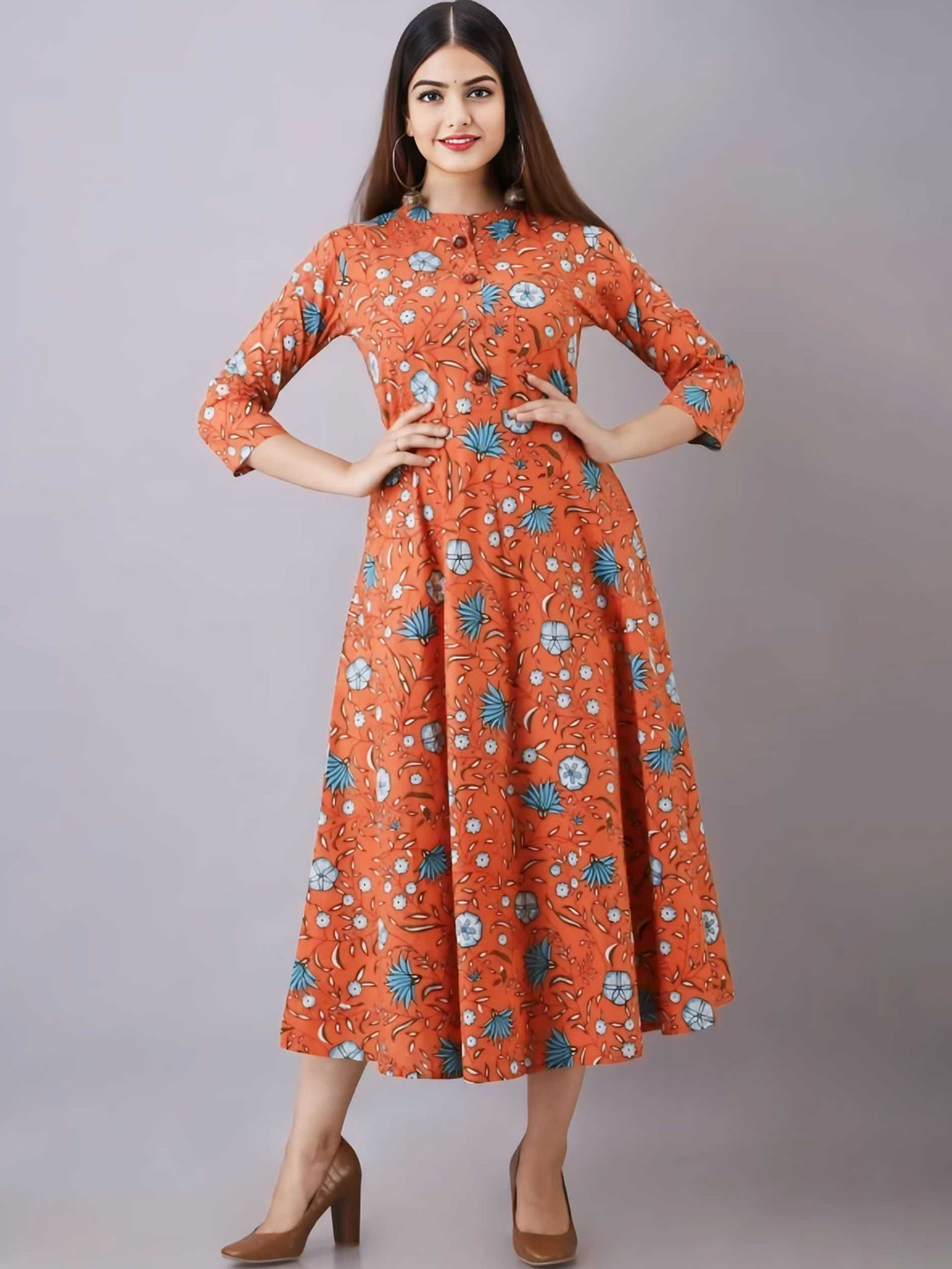 

VYKOO Floral Printed Round Neck Midi Fit & Flare Dress, Orange