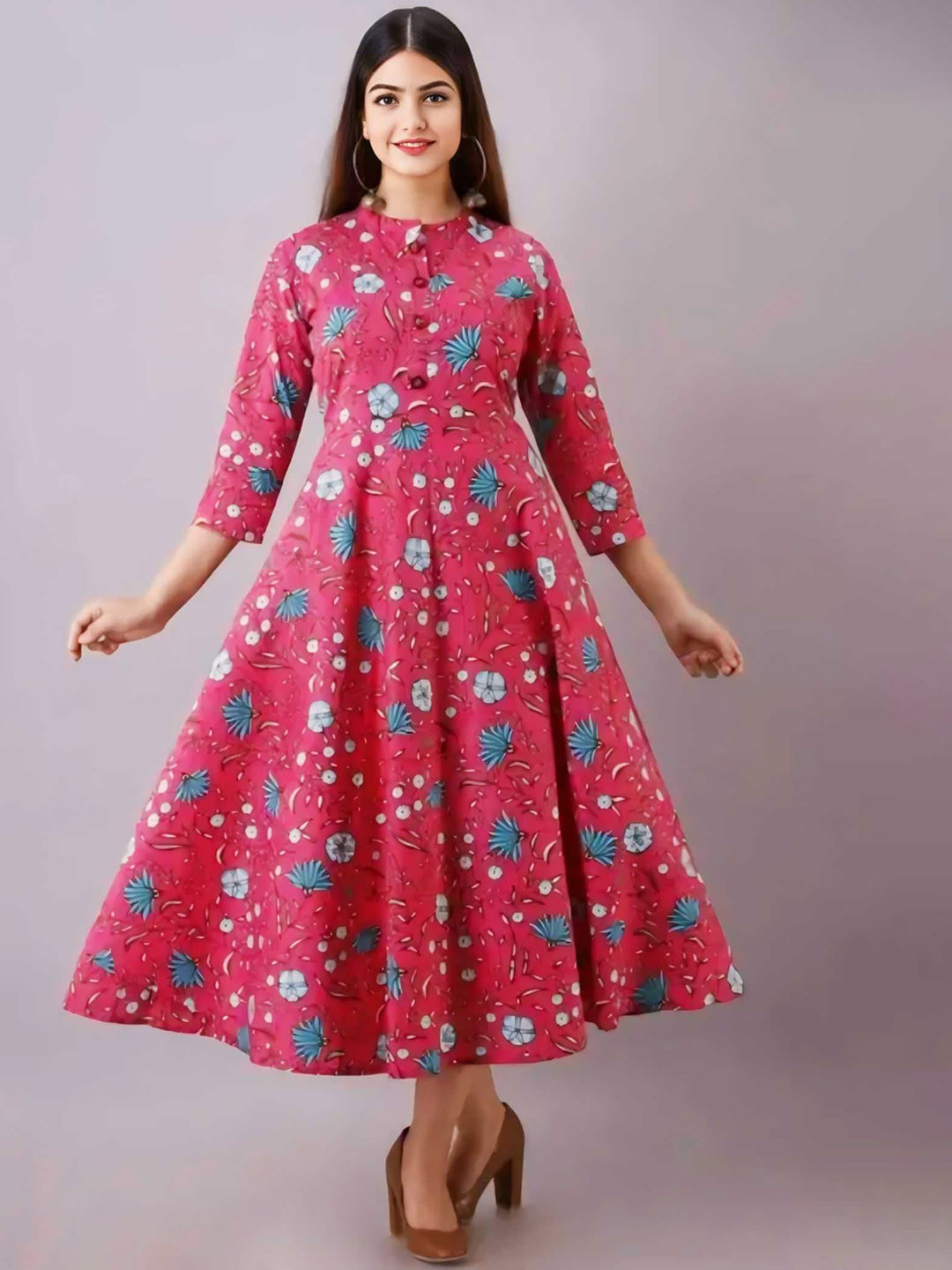 

VYKOO Floral Printed Round Neck Midi Fit & Flare Dress, Pink