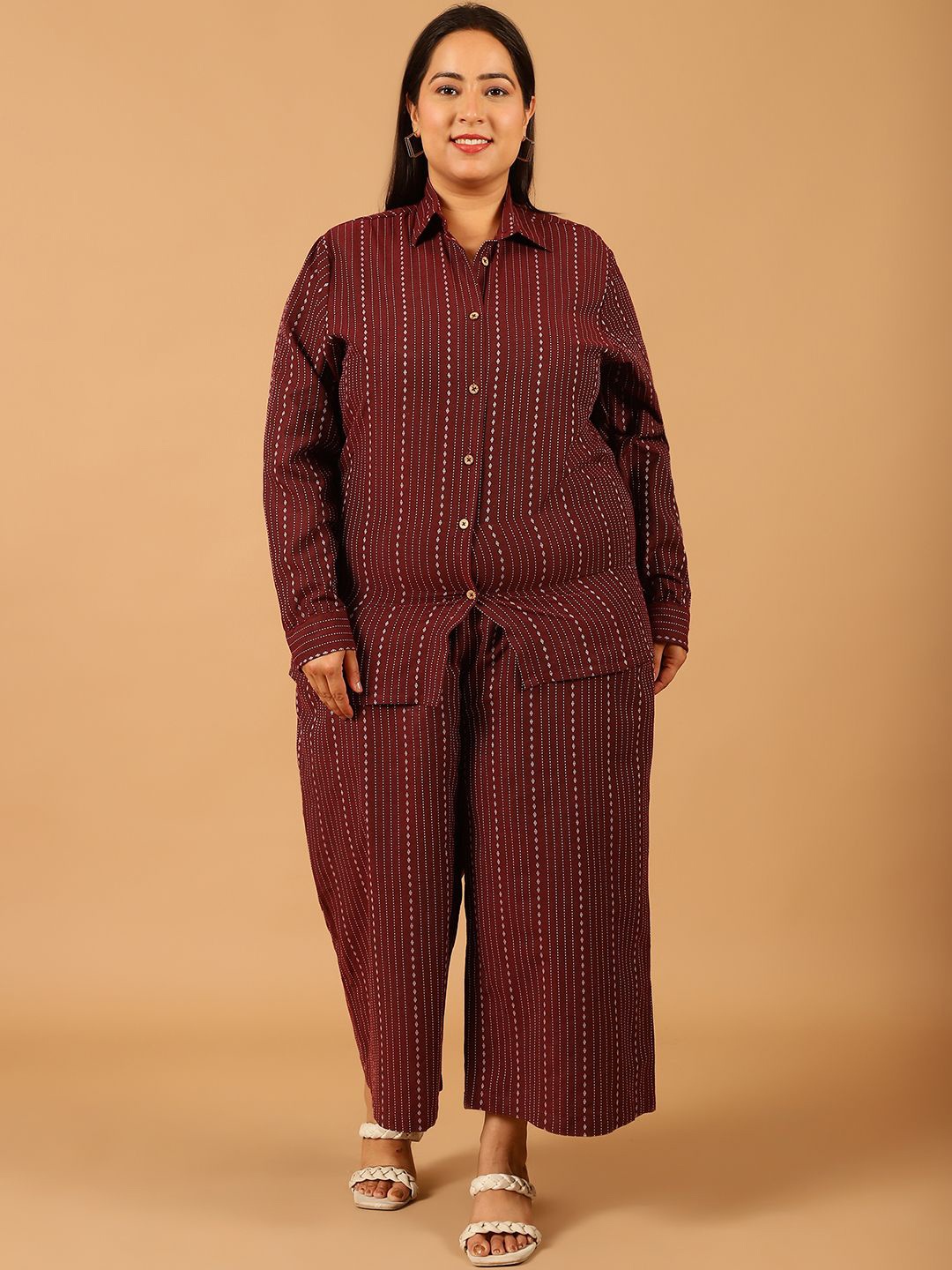

COLOR STUDIO Plus Size Striped Pure Cotton Shirt & Palazzo, Maroon