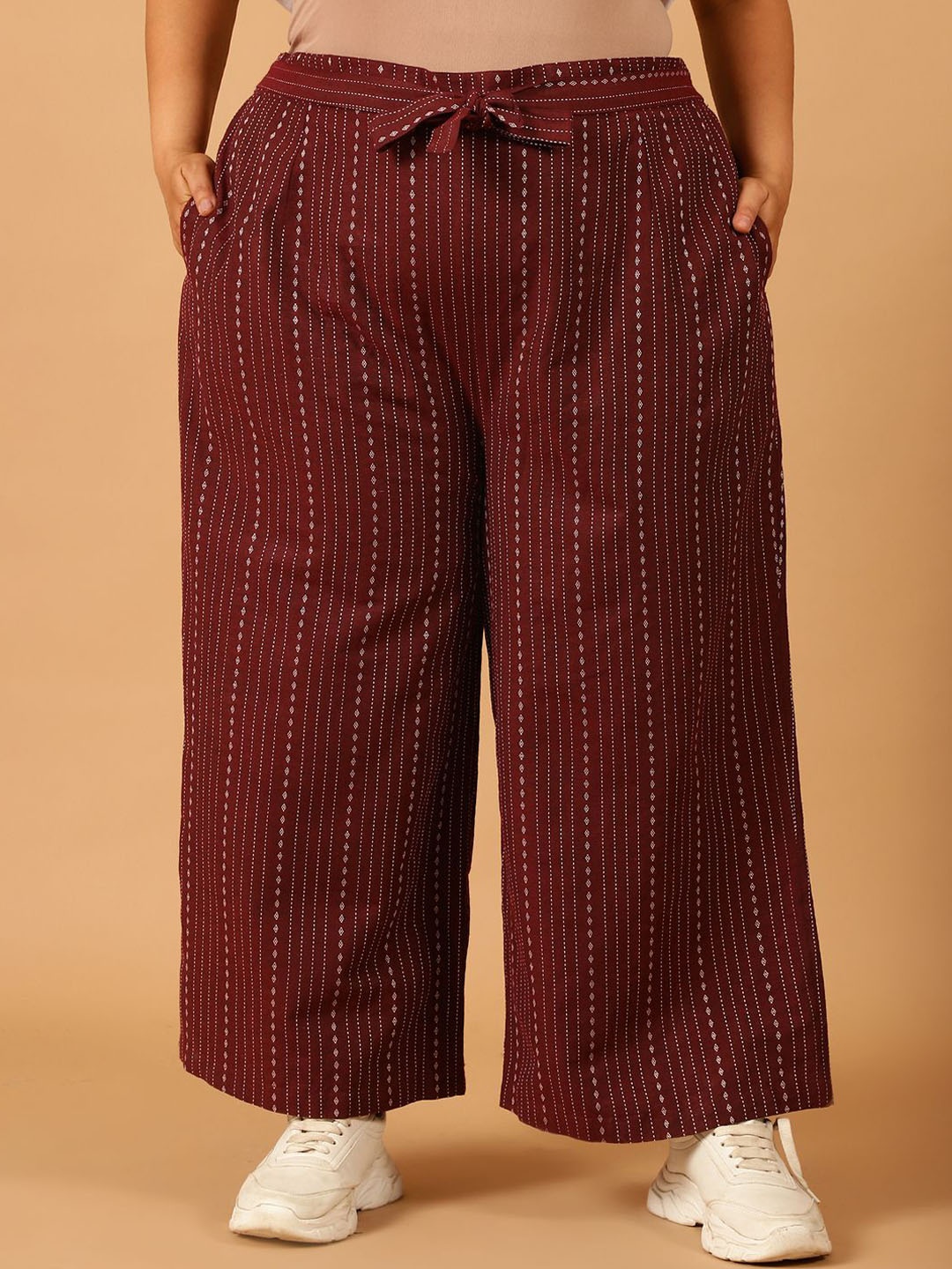 

COLOR STUDIO Women Cotton Comfort Loose Fit Easy Wash Pleated Trousers, Maroon