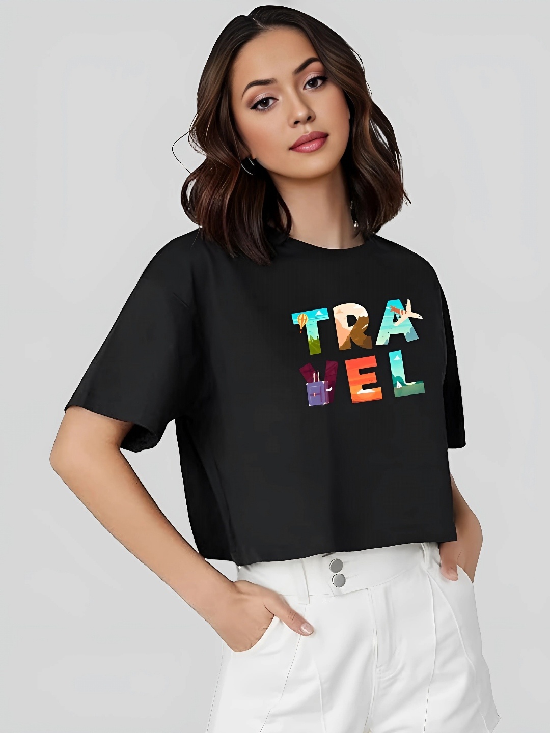 Elibolz Women Graphic Printed Round Neck Cotton Oversized T-Shirt, Black