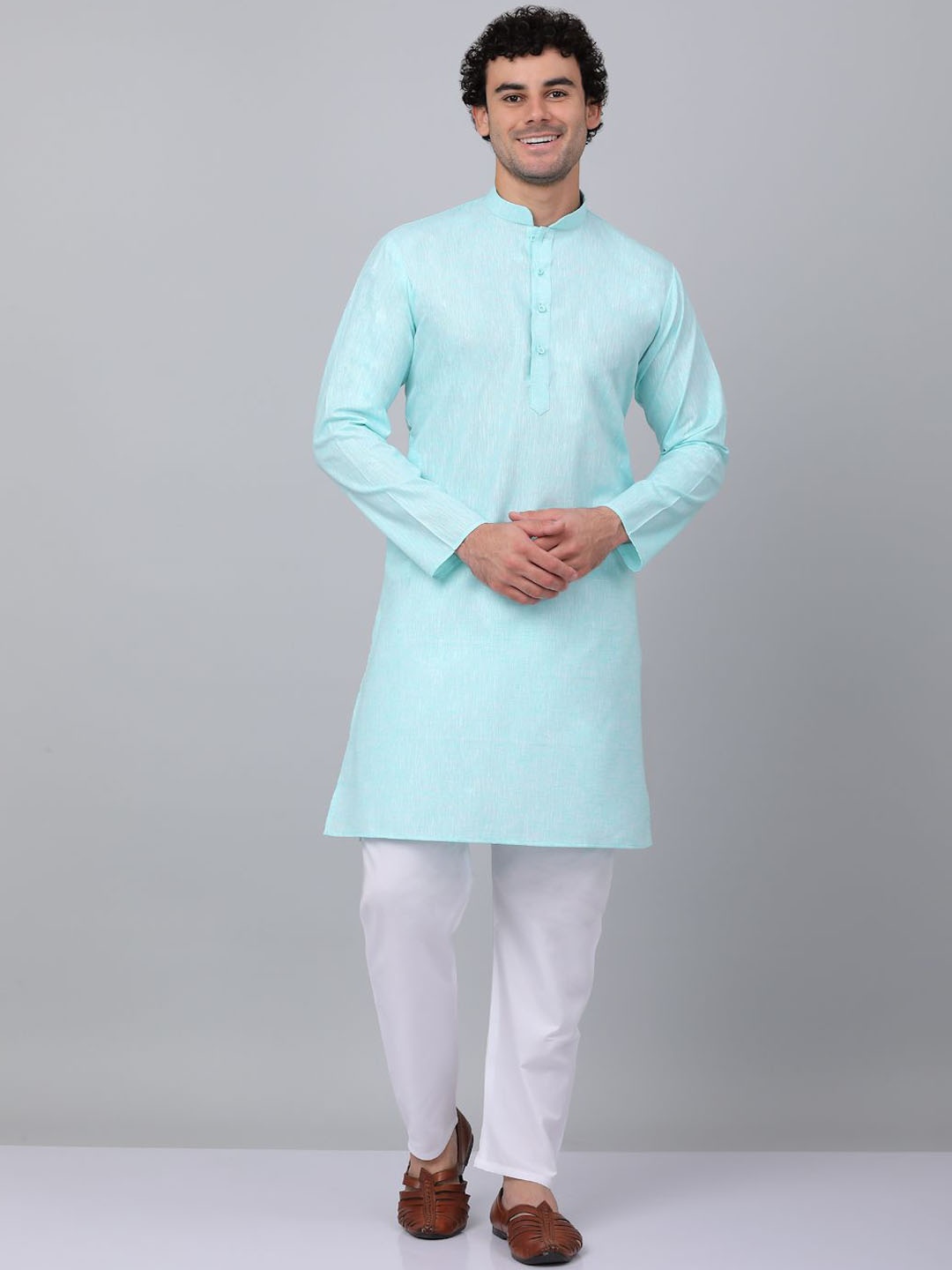 

KRAFT INDIA Mandarin Collar Regular Linen Kurta with Pyjamas, Blue