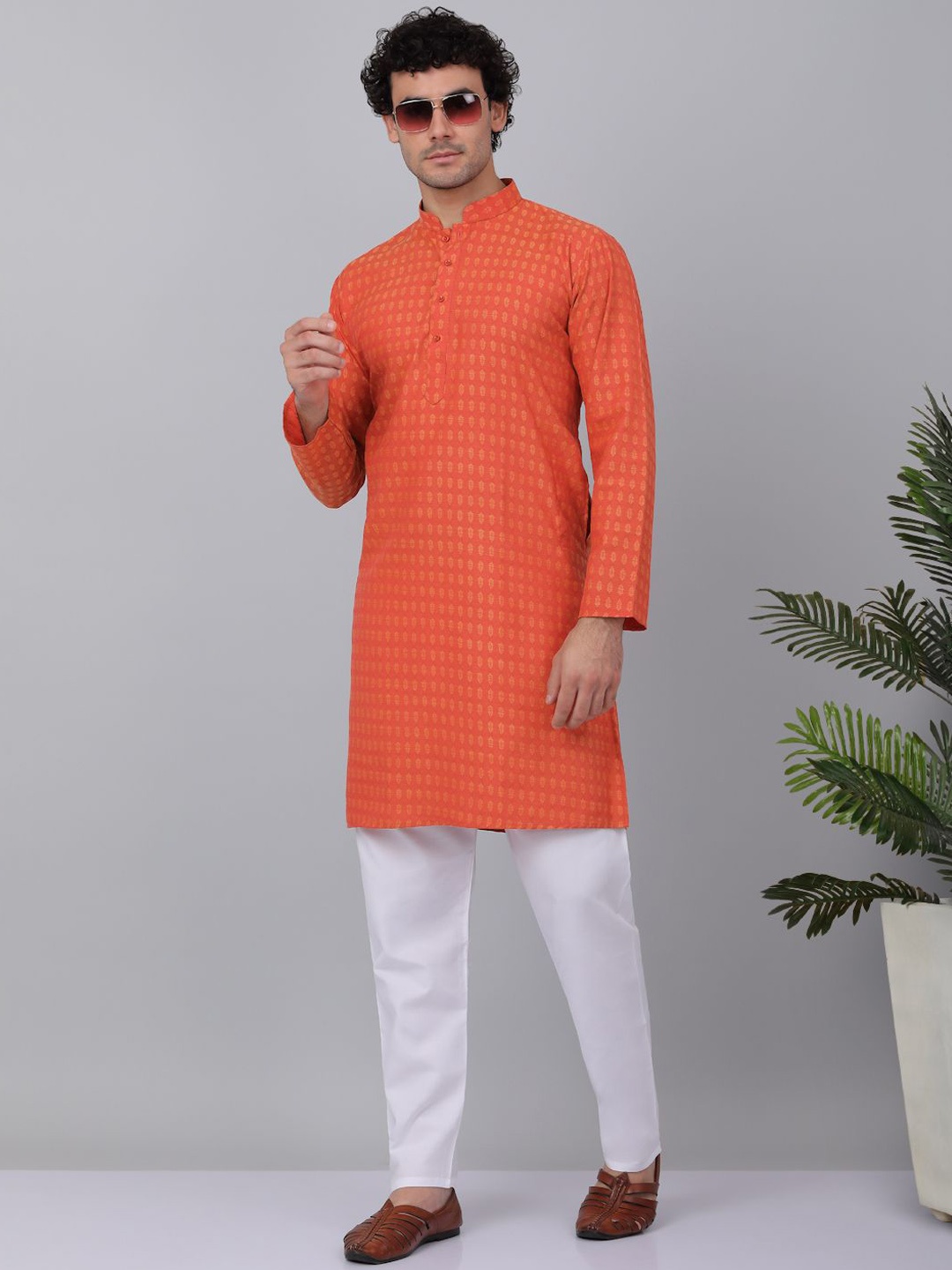 

KRAFT INDIA Ethnic Motifs Woven Design Pure Cotton Straight Kurta with Pyjamas, Orange