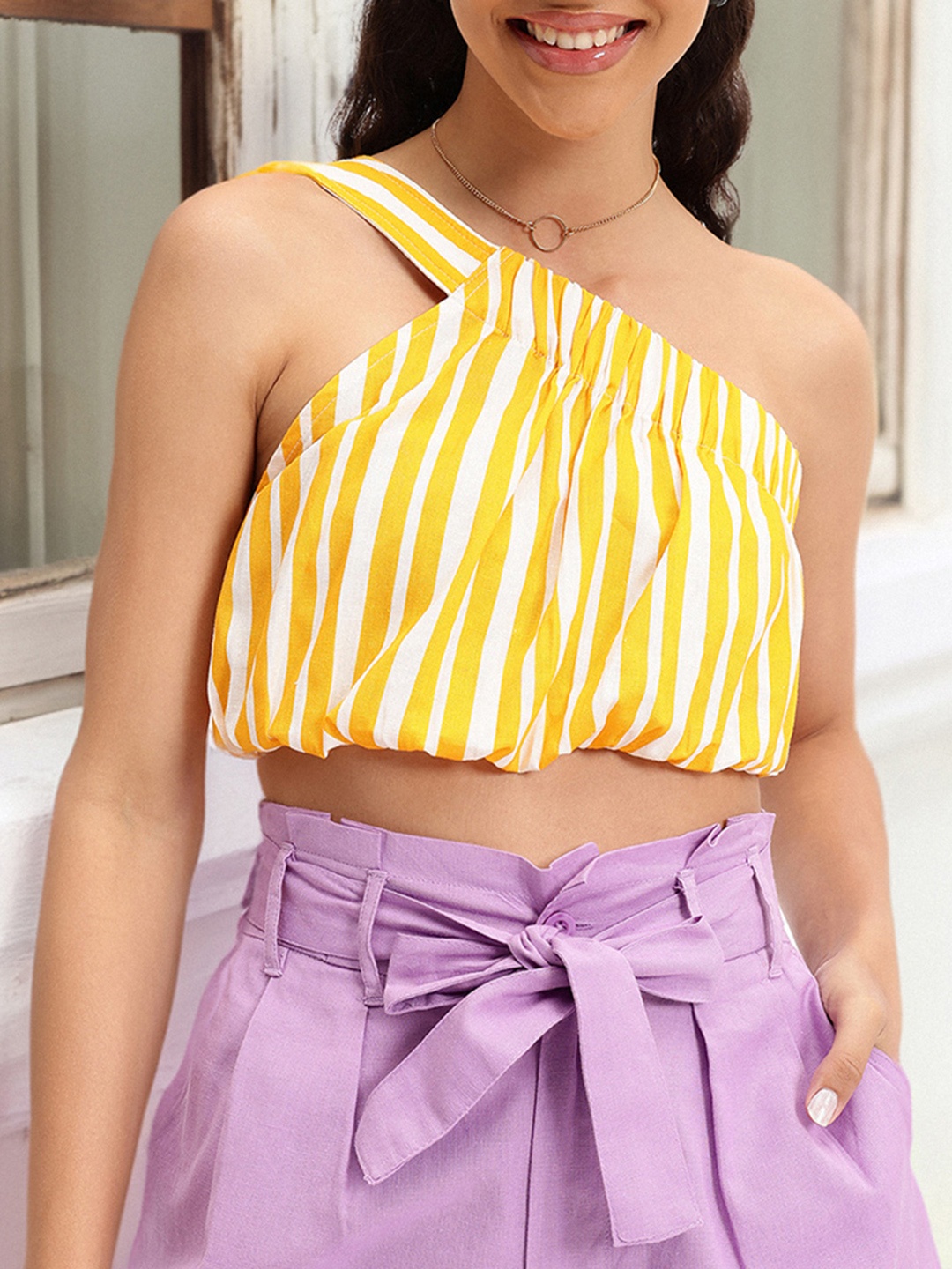 

DressBerry Sun-kissed Striped One-Shoulder Cinched waist Crop Top, Yellow