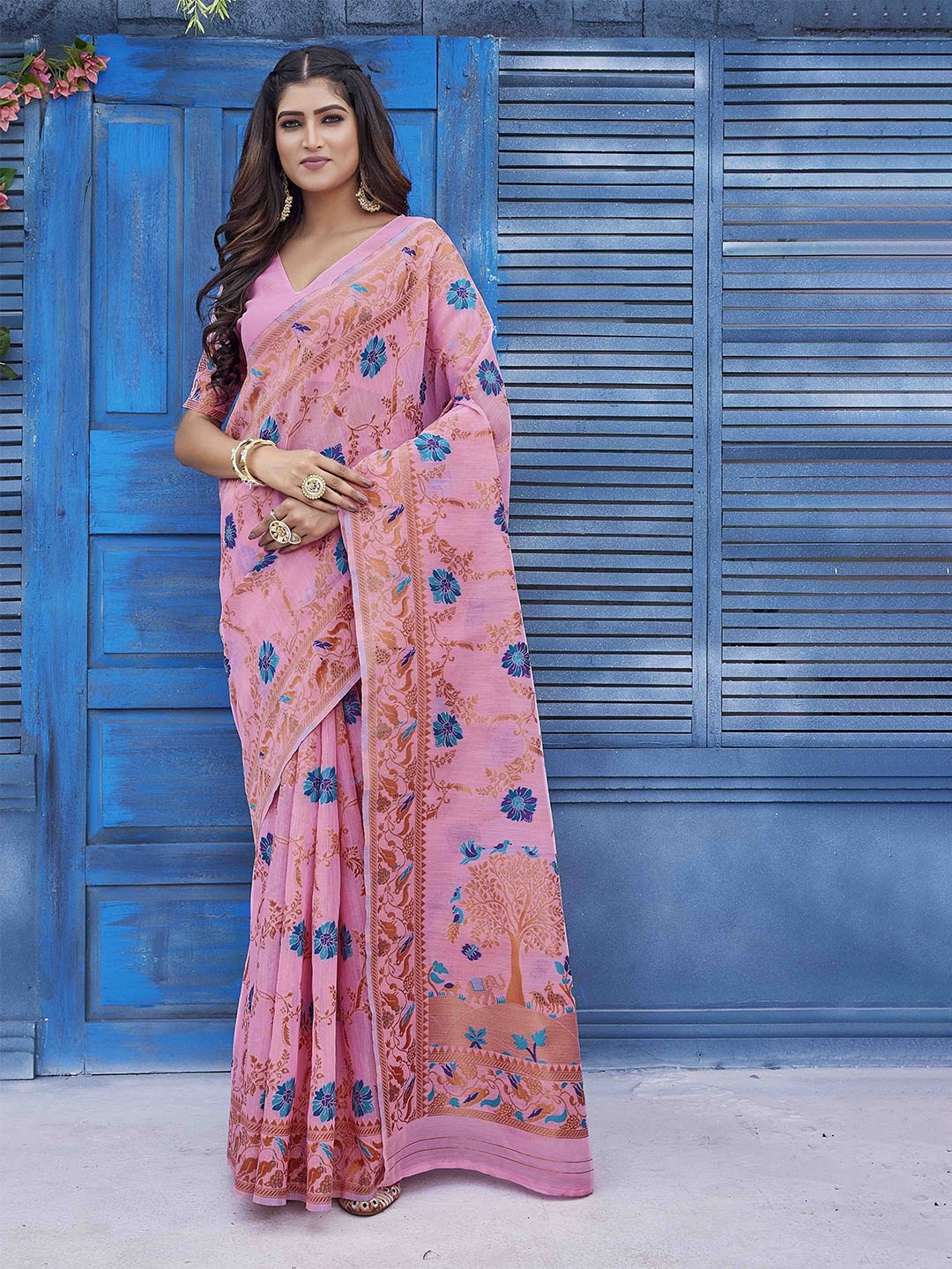 

DIVASTRI Woven Design Zari Pure Linen Mysore Silk Saree, Pink