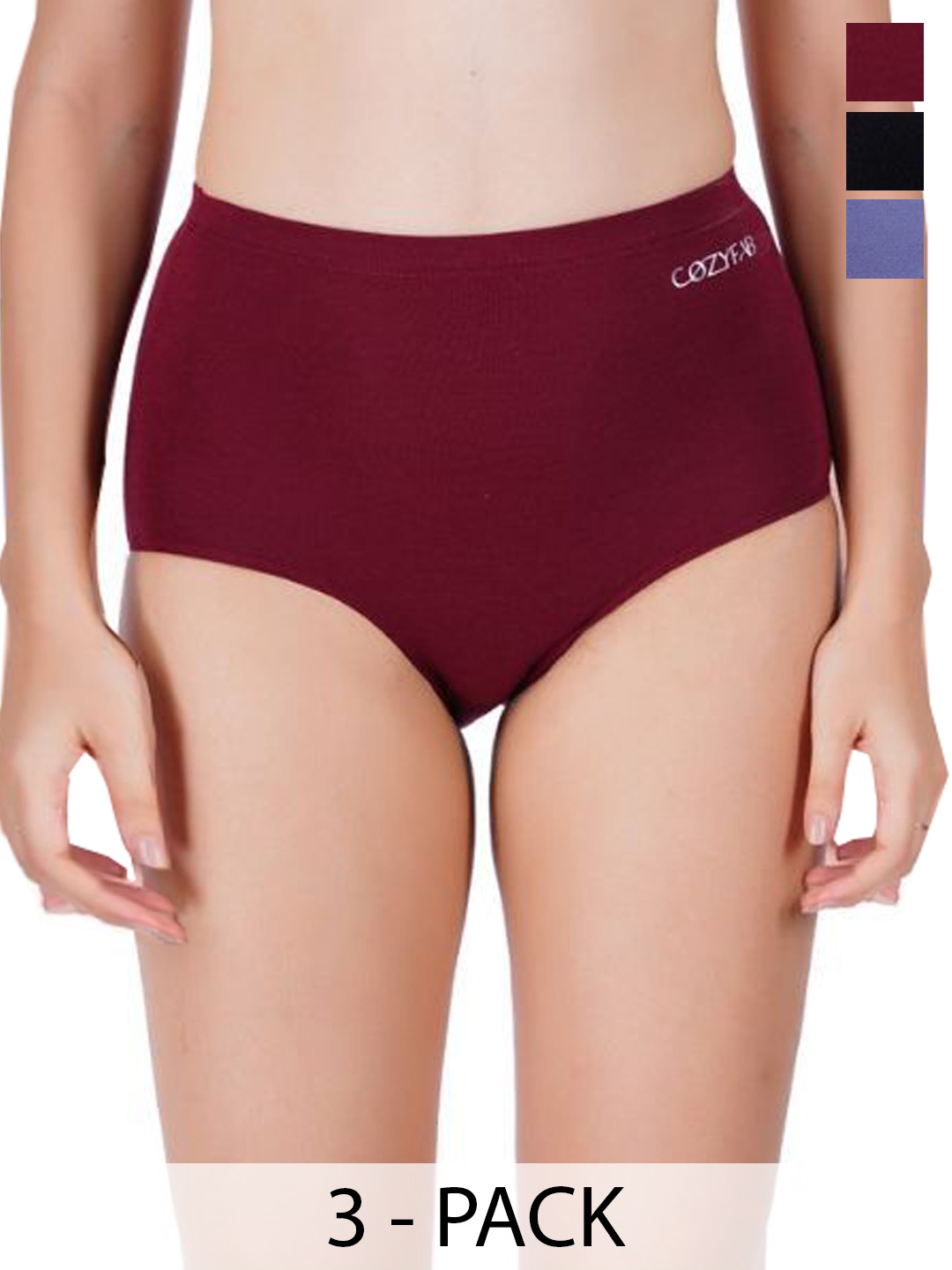 

CozyFab Pack of 3 Anti Bacterial High Waist Hipster Briefs-CF-HH-Blk Mar Lil, Blue