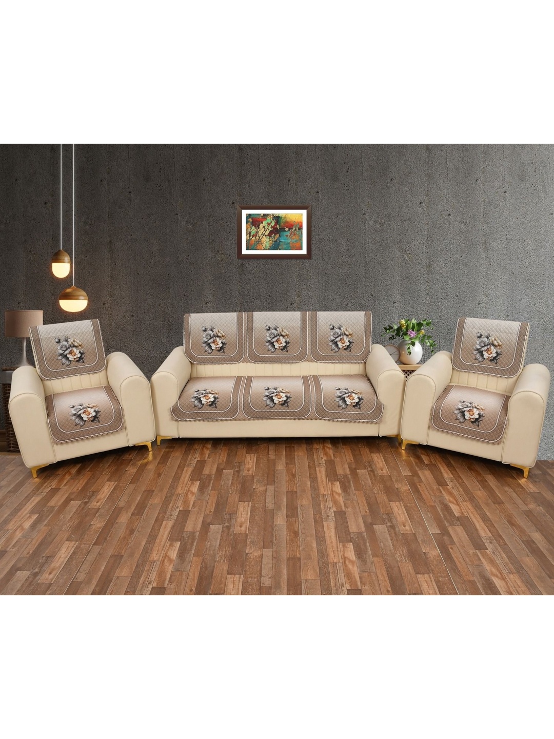 

hargunz Beige & Blue 6 Pieces Floral Printed Velvet 5-Seater Sofa Covers