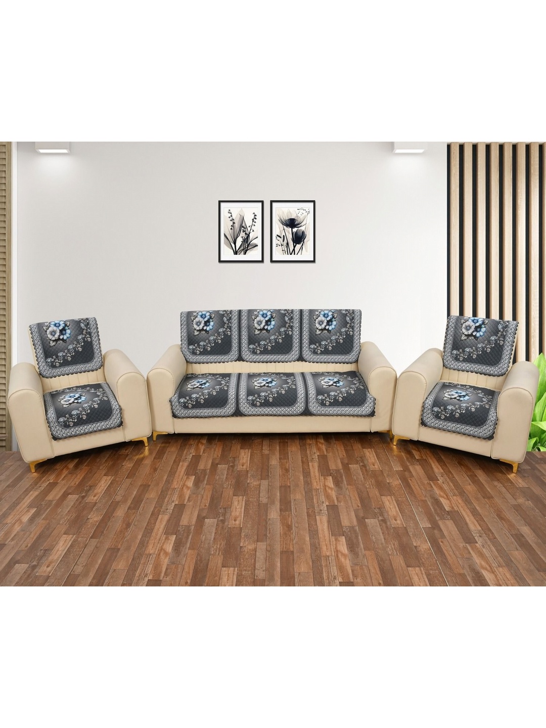

hargunz Grey & Blue 6 Pieces Floral Printed Velvet 5-Seater Sofa Covers