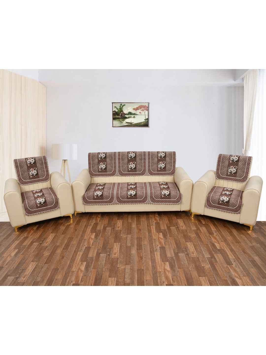 

hargunz Brown 6 Pieces Floral Printed Velvet 5-Seater Sofa Covers