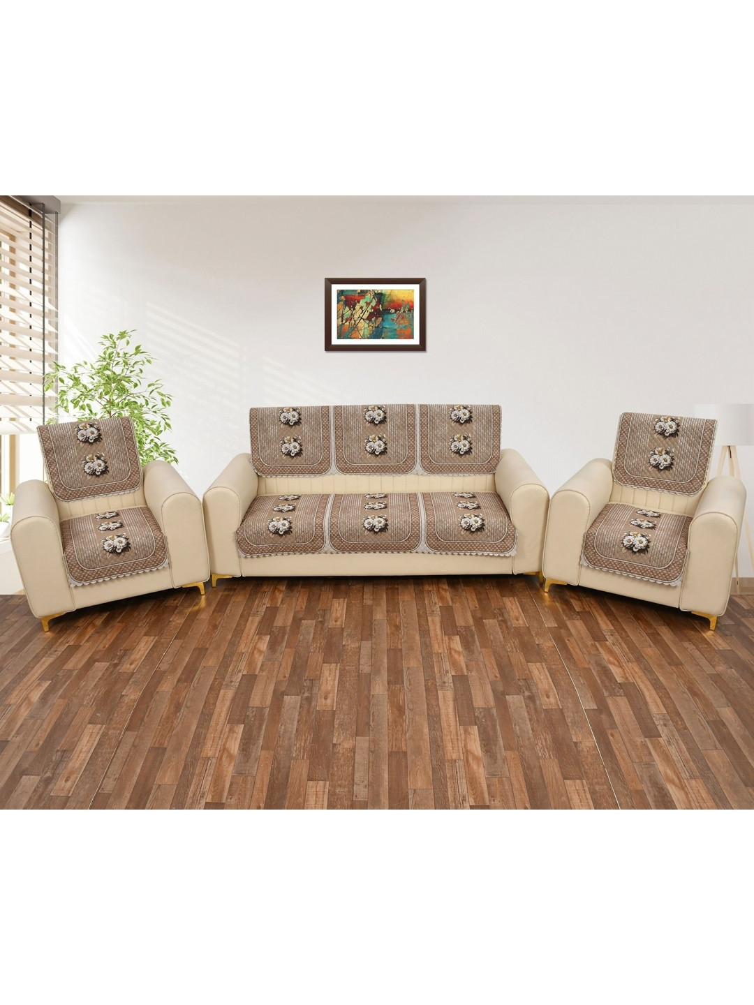 

hargunz Beige & Brown 6 Pieces Floral Printed Velvet 5-Seater Sofa Covers