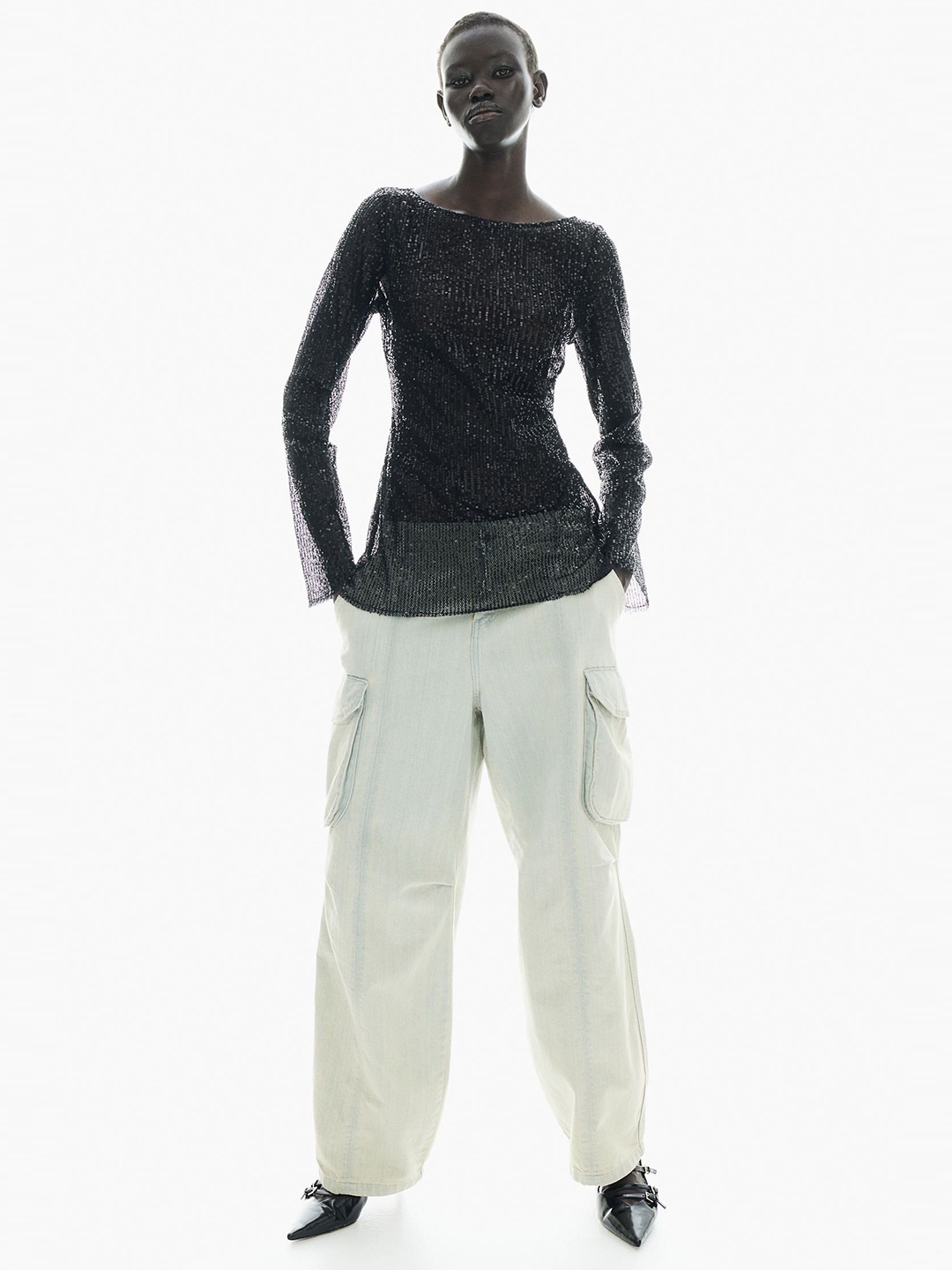 

H&M Sequined Mesh Top, Black