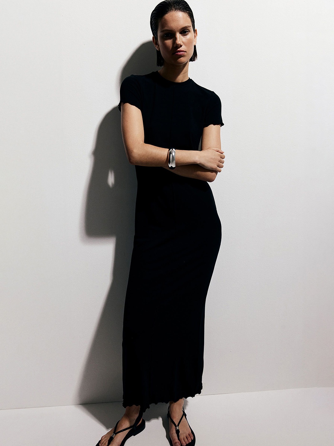 

H&M Solid Overlock-Detail Bodycon Maxi Dress, Black