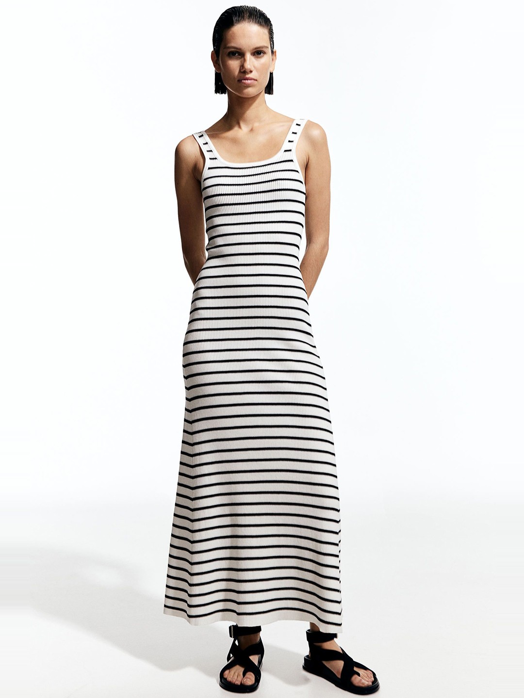 

H&M Striped Ribbed A-Line Maxi Dress, White