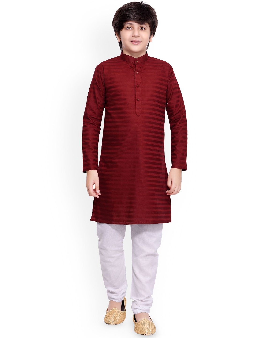 

BAESD Boys Striped Band Collar Straight Kurta With Pyjama, Maroon