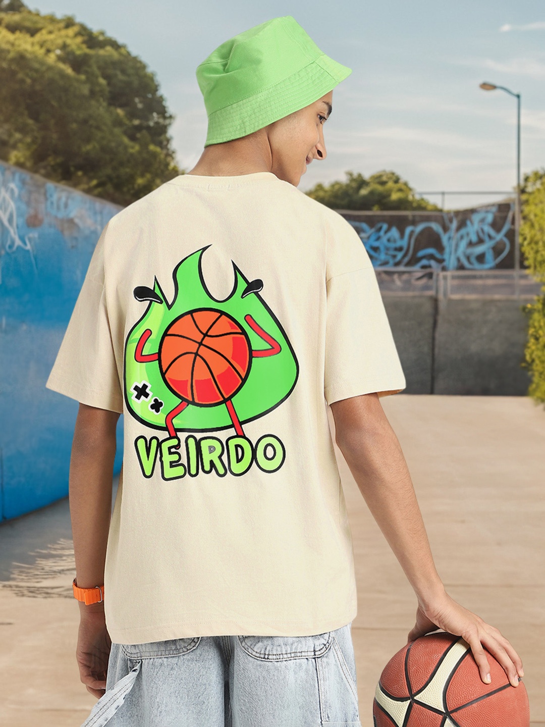 

VEIRDO Boys Graphic Printed Round Neck Pure Cotton Oversized T-Shirt, Beige