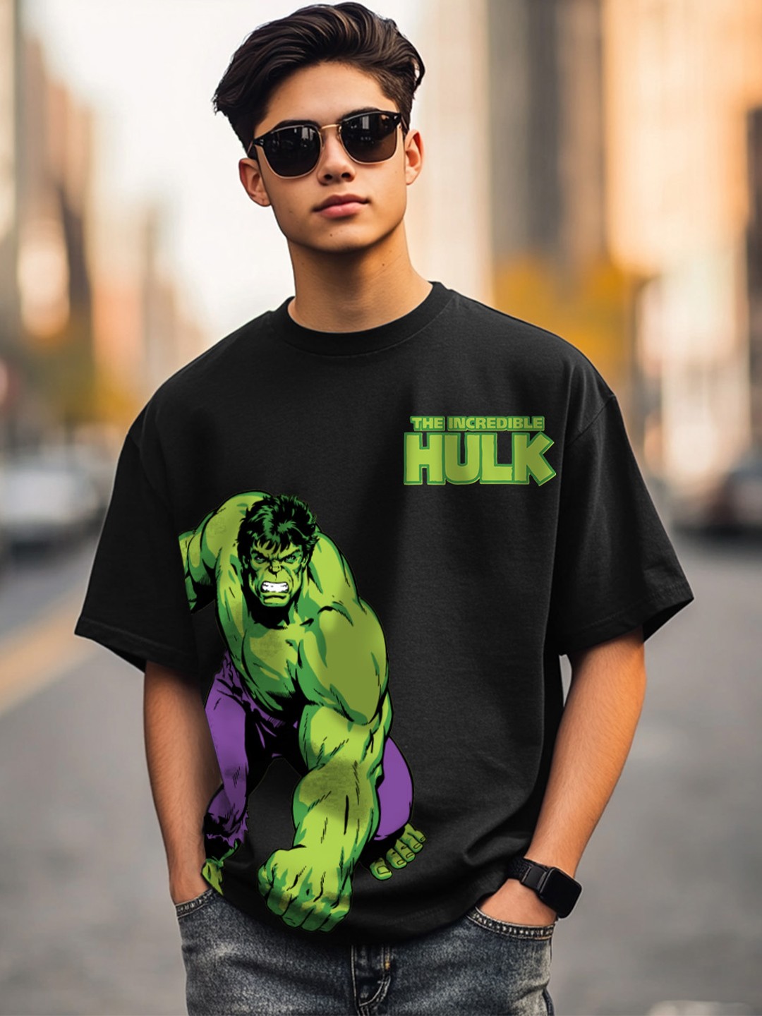

VEIRDO Marvel Boys Graphic Printed Round Neck Pure Cotton Oversized T-Shirt, Black