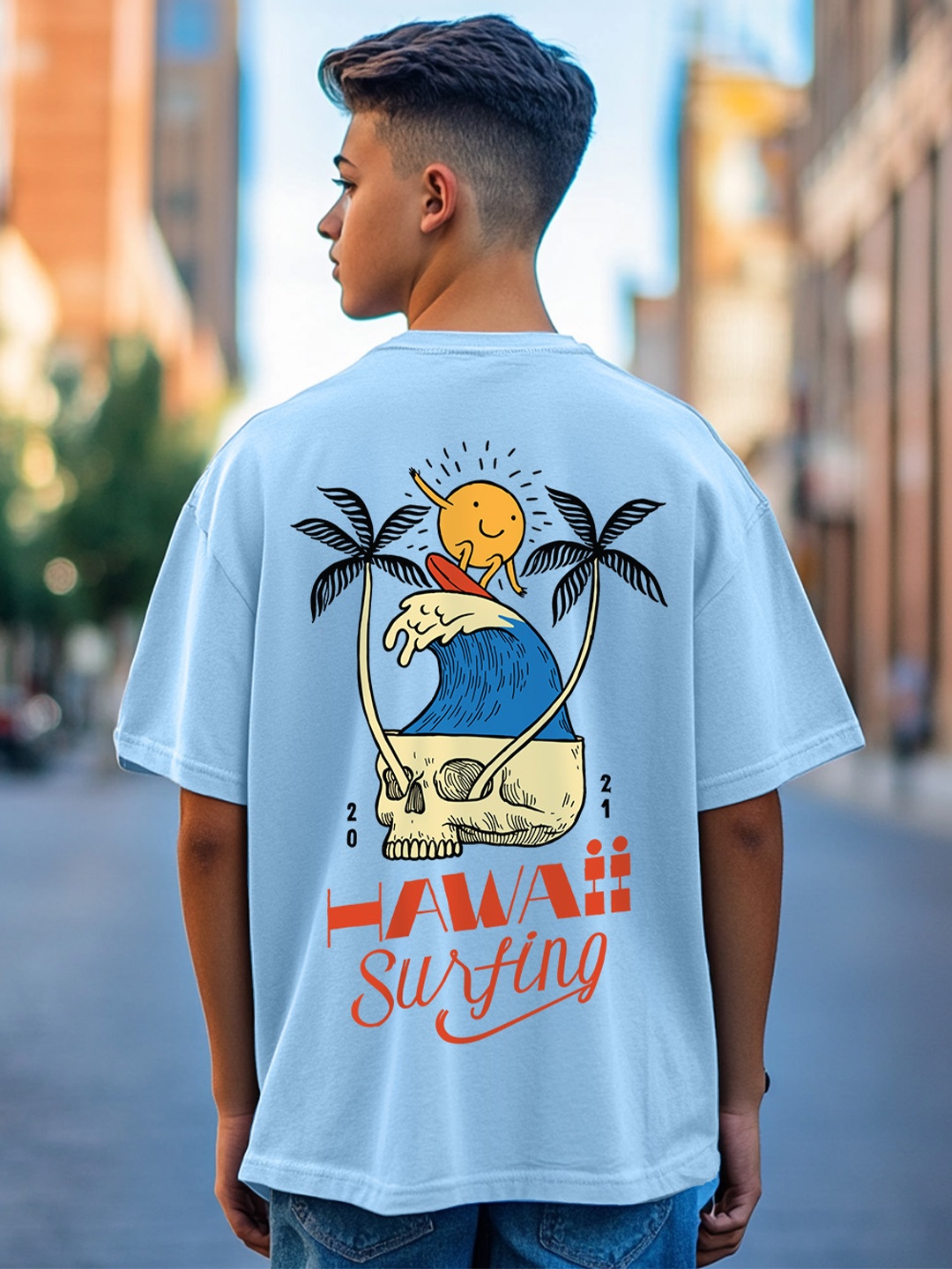 

VEIRDO Boys Graphic Printed Round Neck Pure Cotton Oversized T-Shirt, Blue