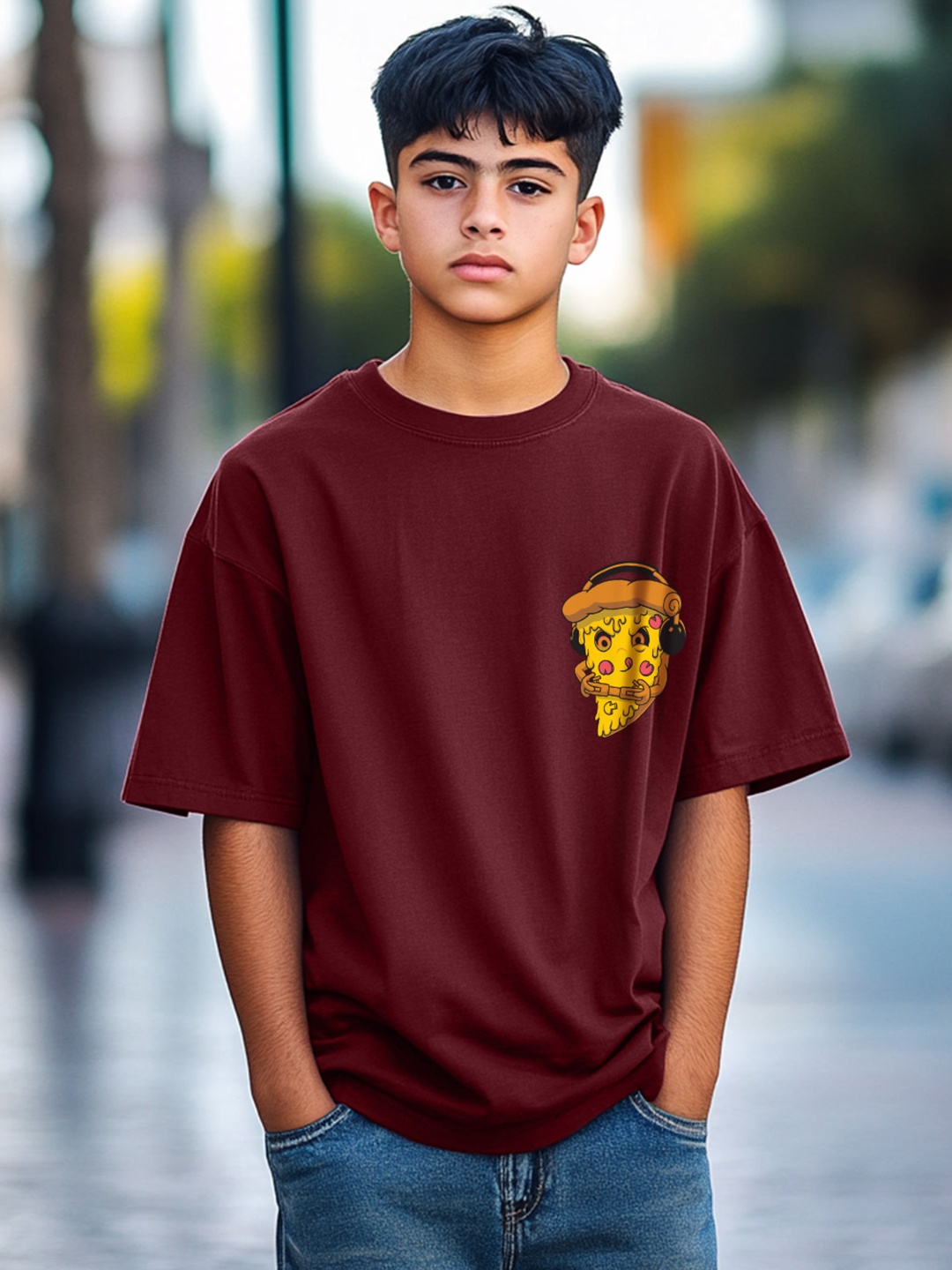 

VEIRDO Boys Graphic Printed Round Neck Pure Cotton Oversized T-Shirt, Maroon