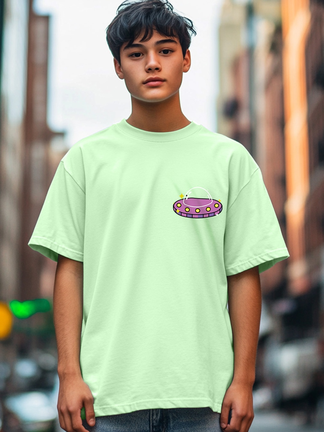 VEIRDO Boys Graphic Printed Round Neck Pure Cotton Oversized T-Shirt, Green