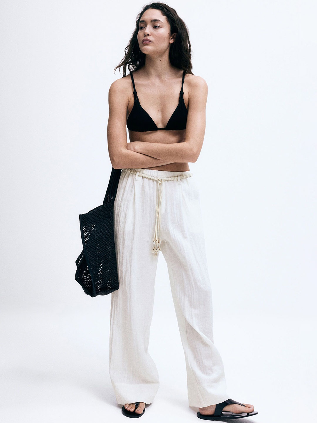 

H&M Women Loose Fit Mid-Rise Macram-Belt Trousers, White
