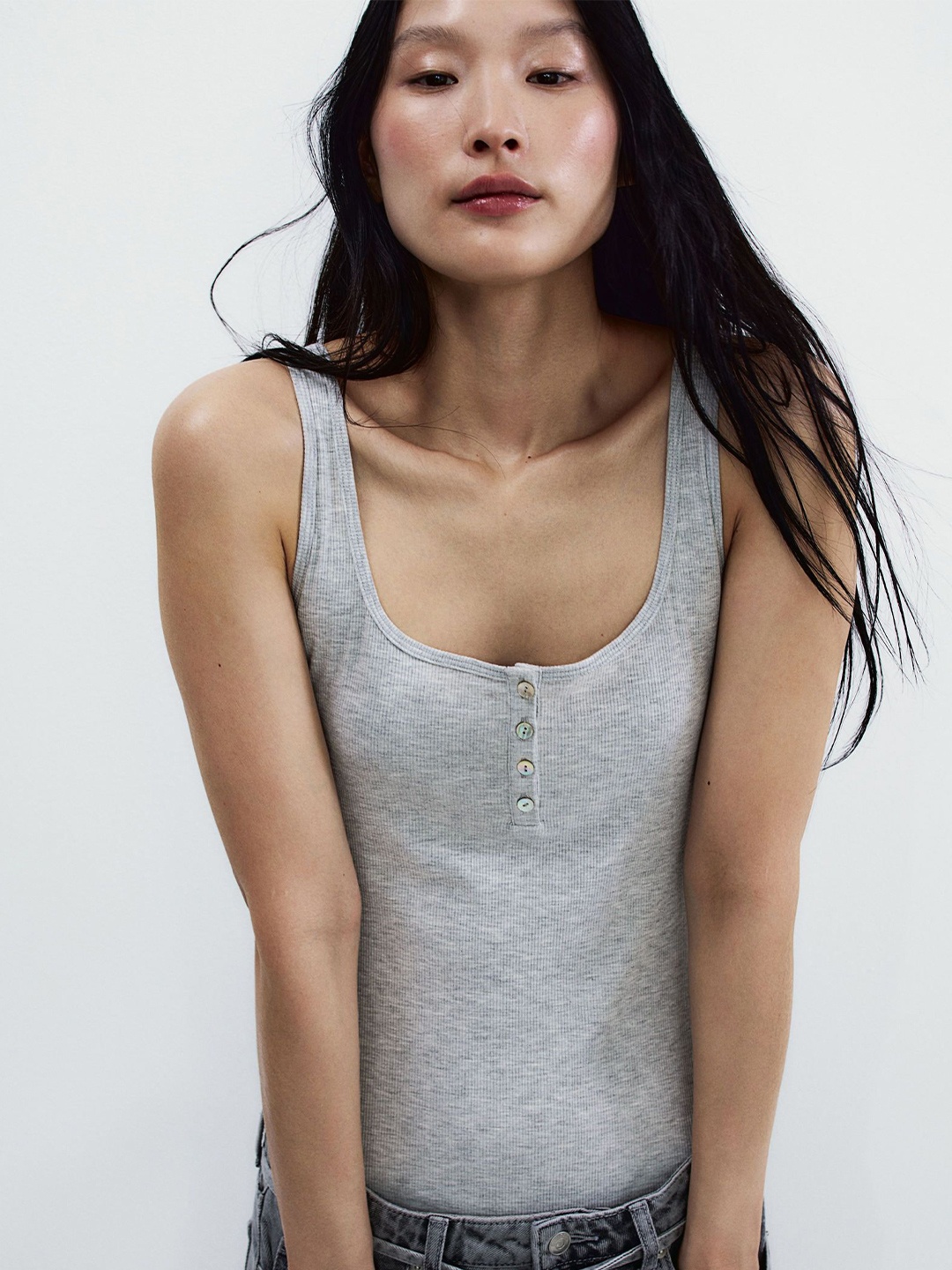 

H&M Ribbed Button Vest Top, Grey