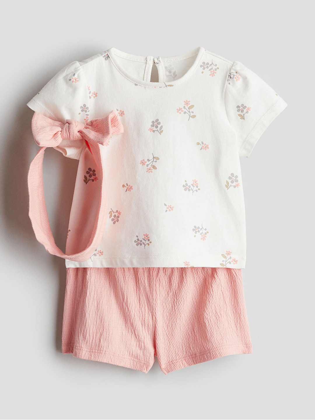 

H&M Girls Printed Cotton Jersey Top and Shorts with Hairband, White