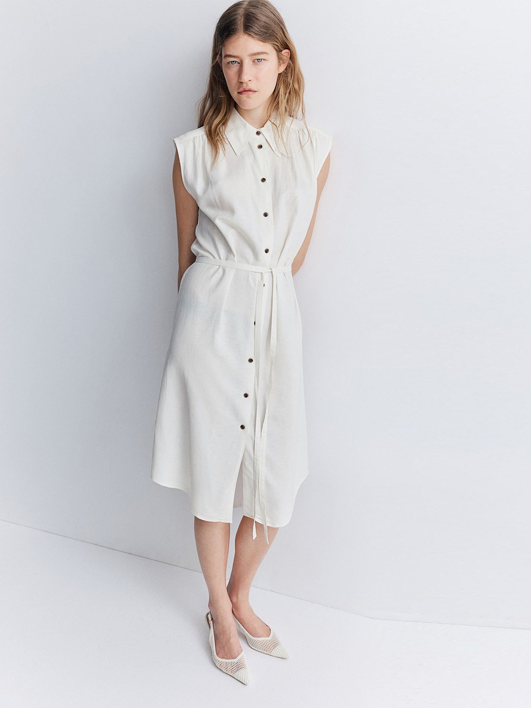 

H&M Women Solid Shirt Midi Dress, White