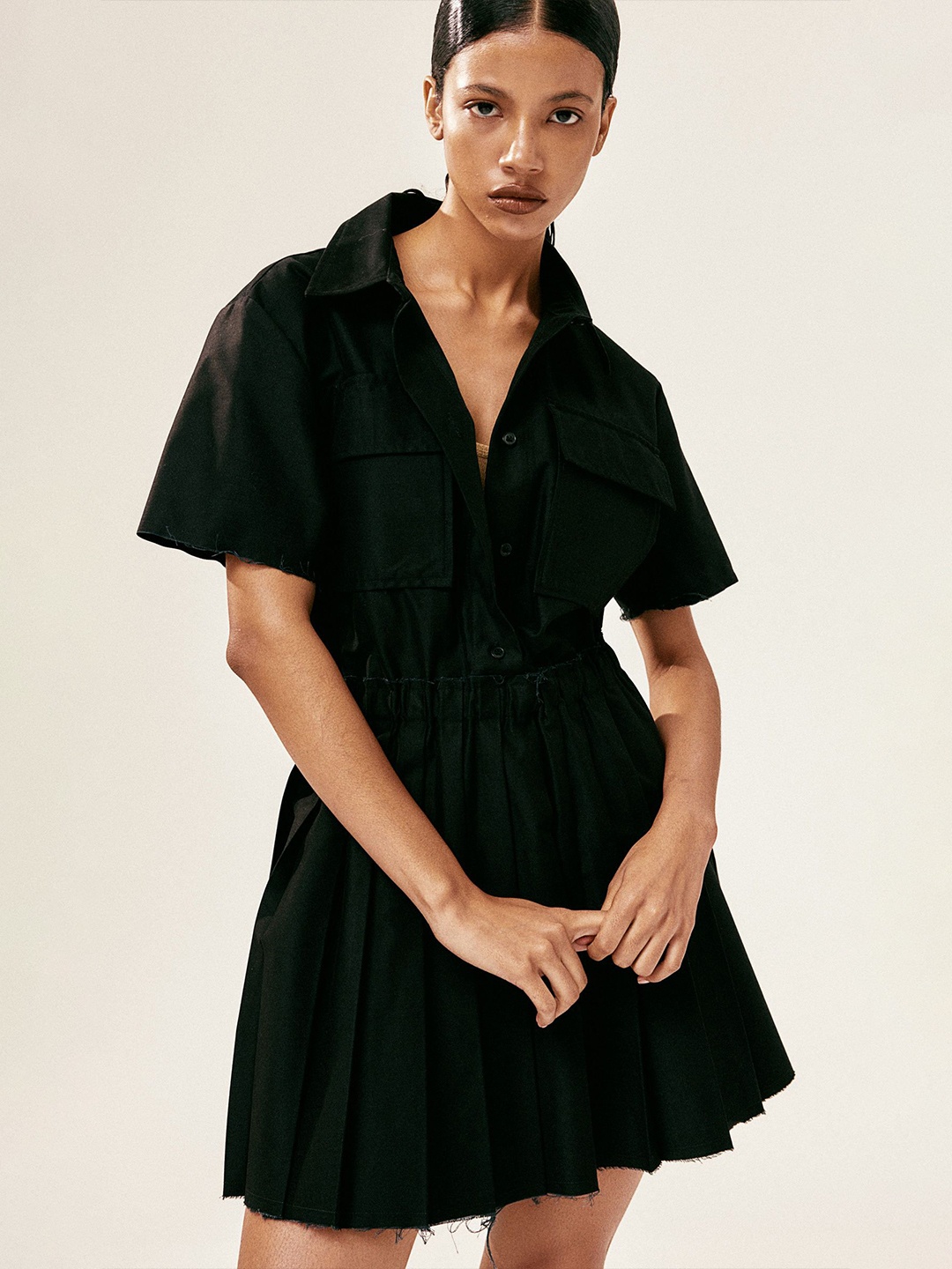 

H&M Pleated-Skirt Utility Shirt Dress, Black