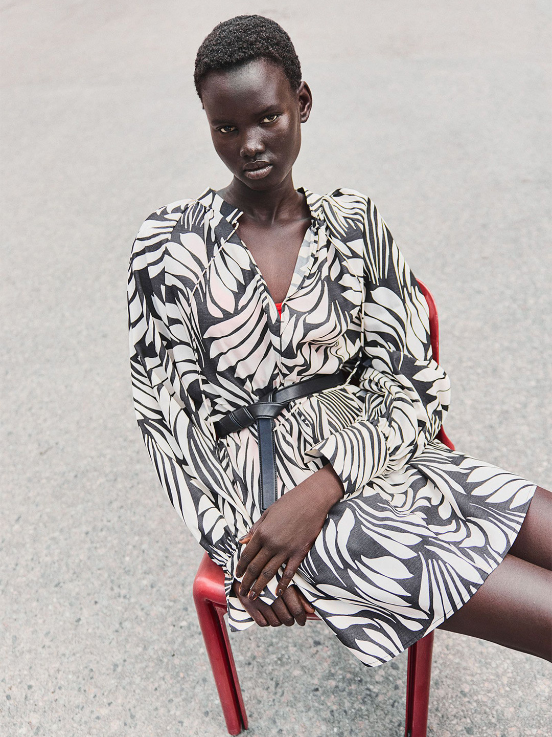 

H&M Printed Oversized Tie-Detail A-Line Dress, Black