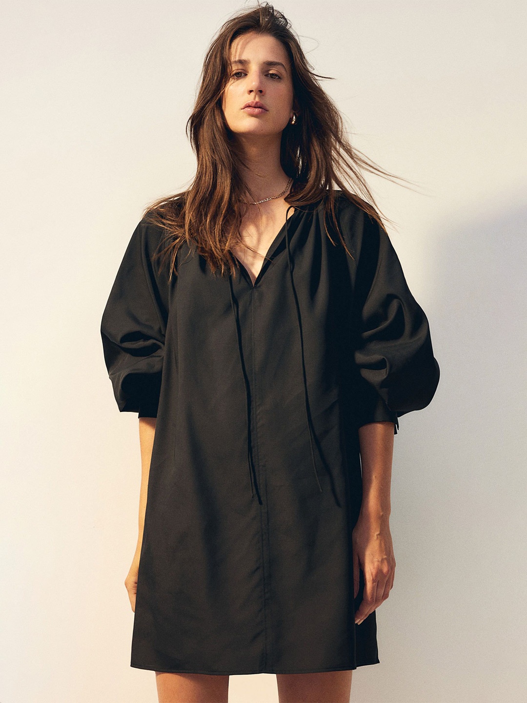 H&M Oversized Tie-Up Neck A-Line Dress, Black