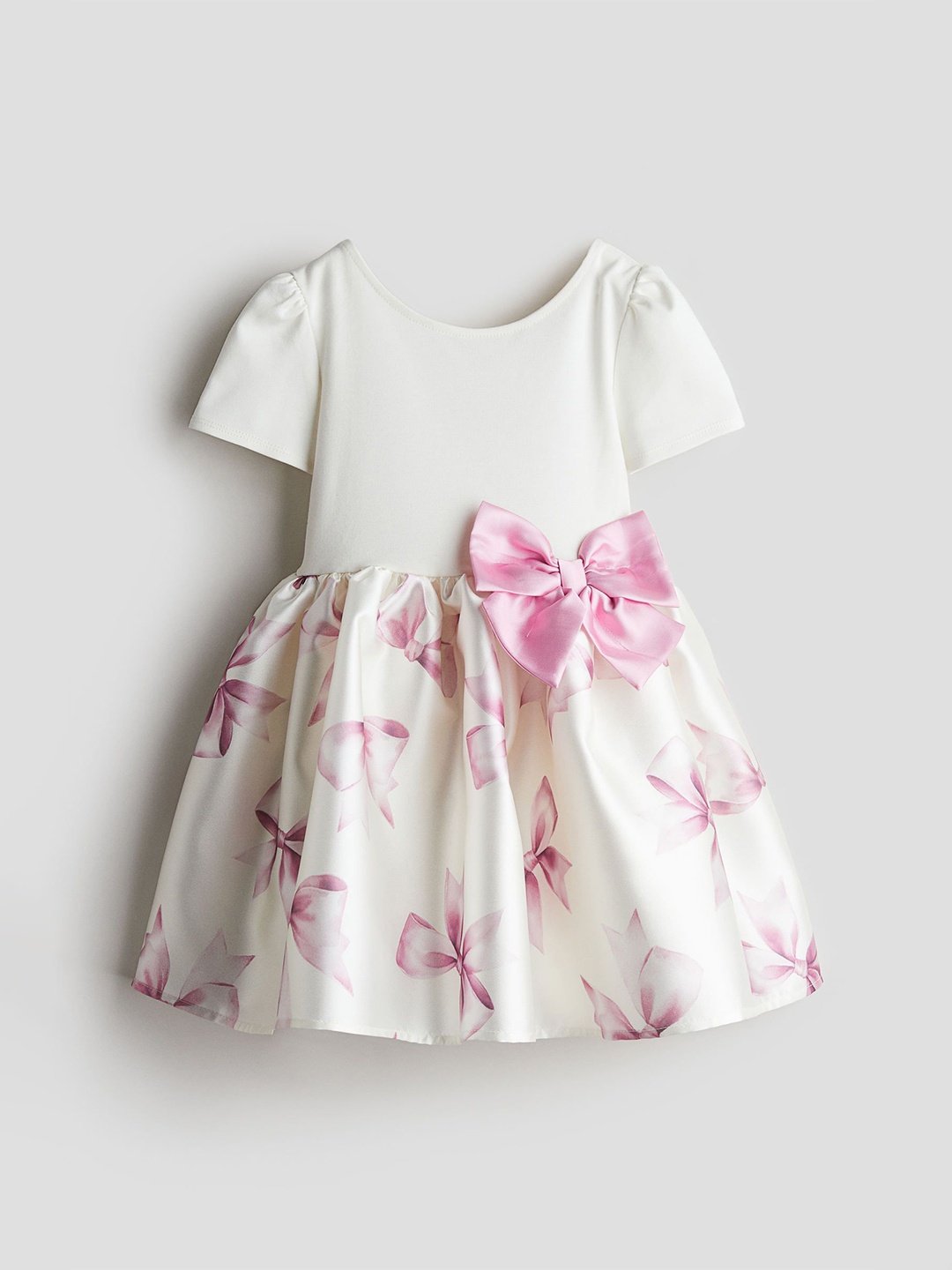 

H&M Girls Floral Printed Fit & Flare Dress with Bow Detail, White