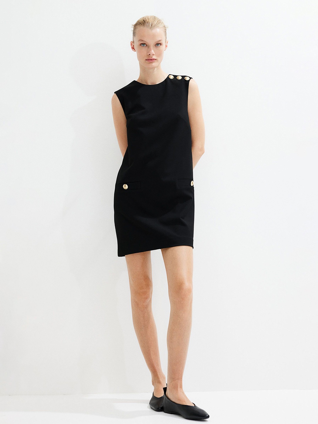 

H&M Solid Button-Detail A-Line Mini Dress, Black