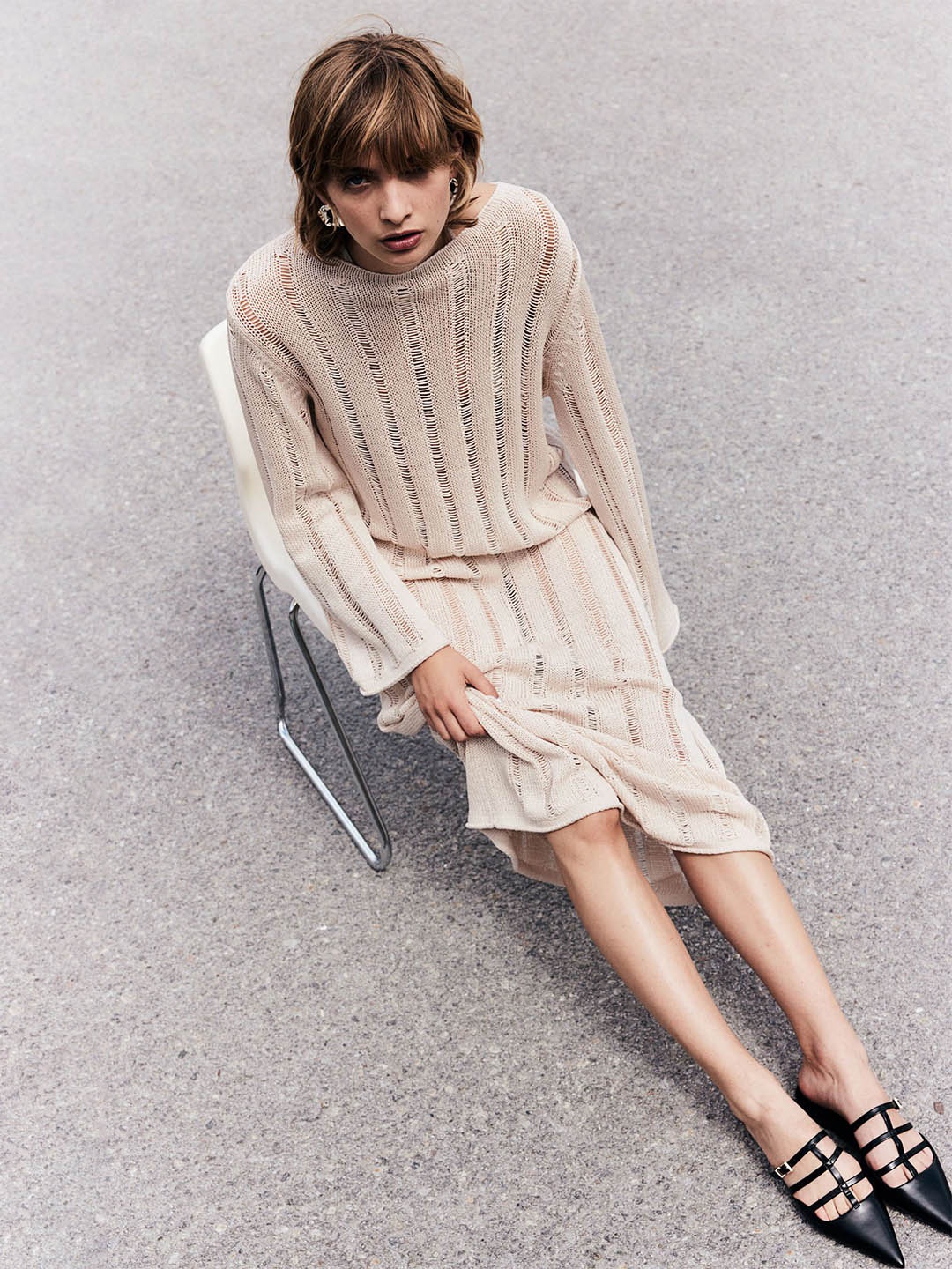 

H&M Ladder- Stitch- Look Knitted Dress, Beige