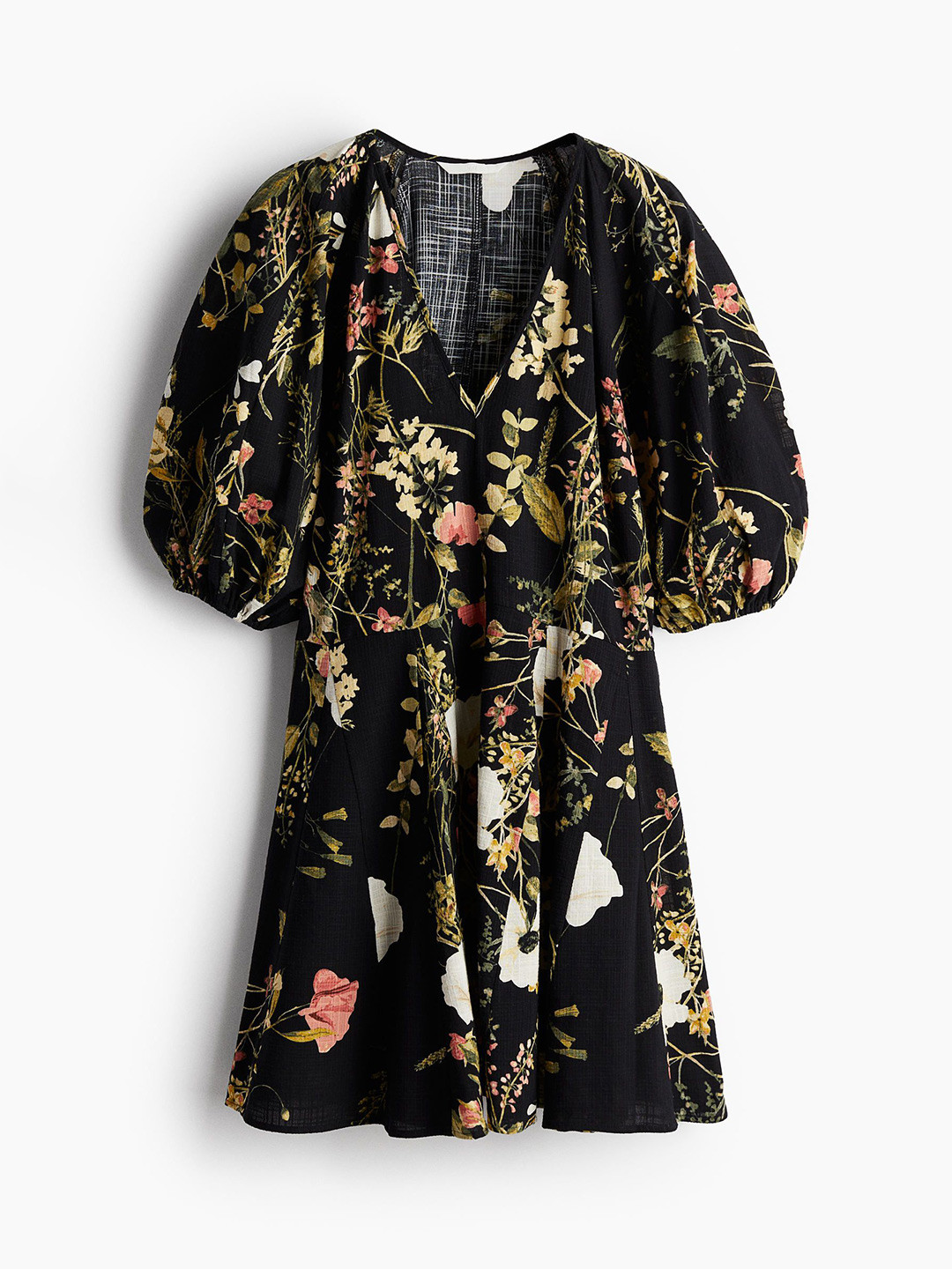 

H&M Women Floral Printed Puff Sleeve A-Line Mini Dress, Black