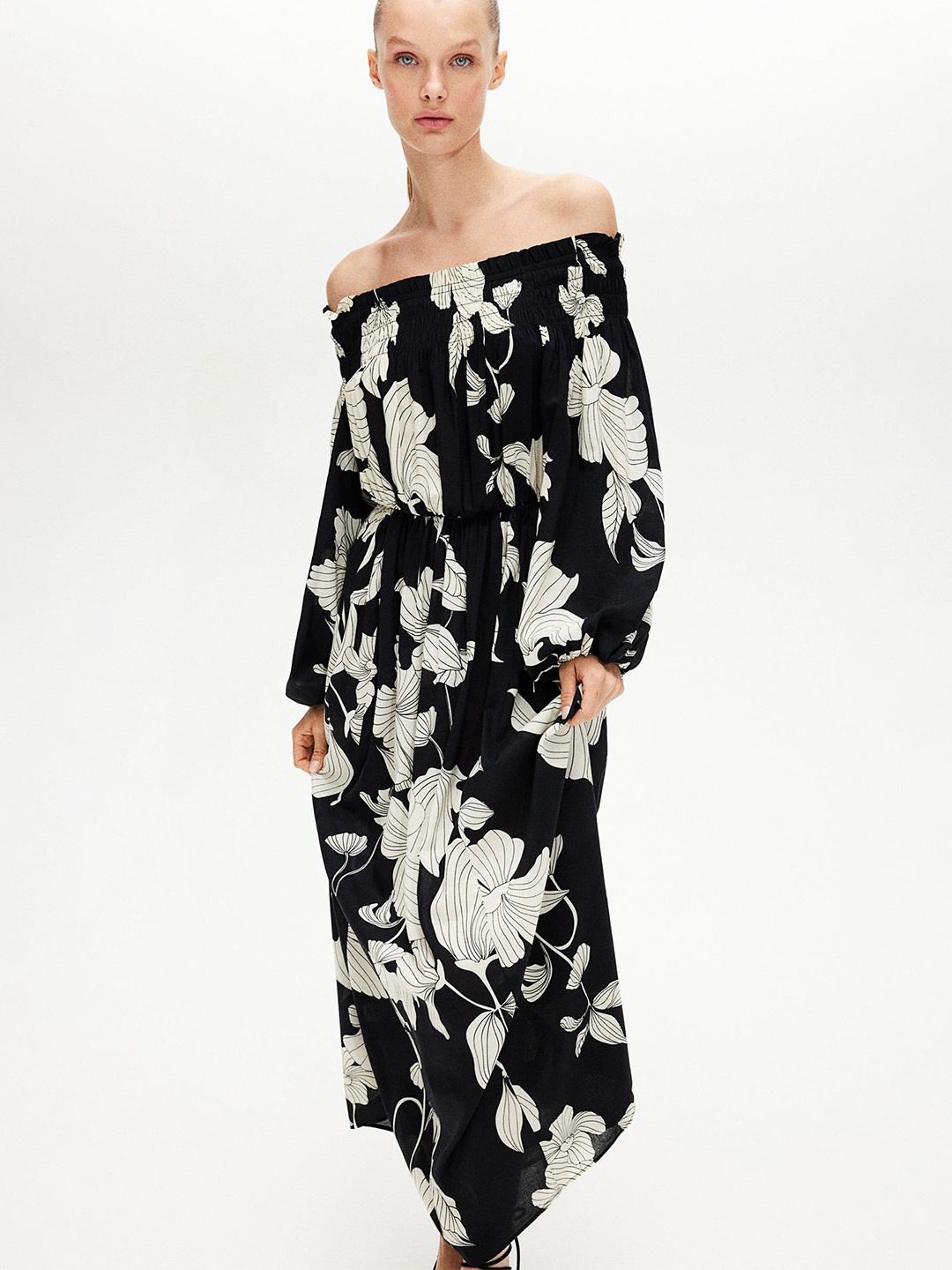 

H&M Floral Printed Smocked Off-Shoulder Maxi Dress, Black