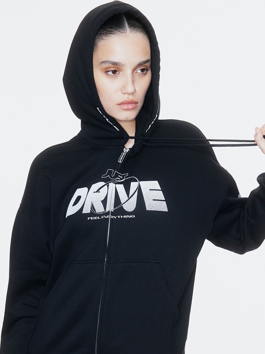 

H&M Oversized Motif-Detail Zip-Through Hoodie, Black