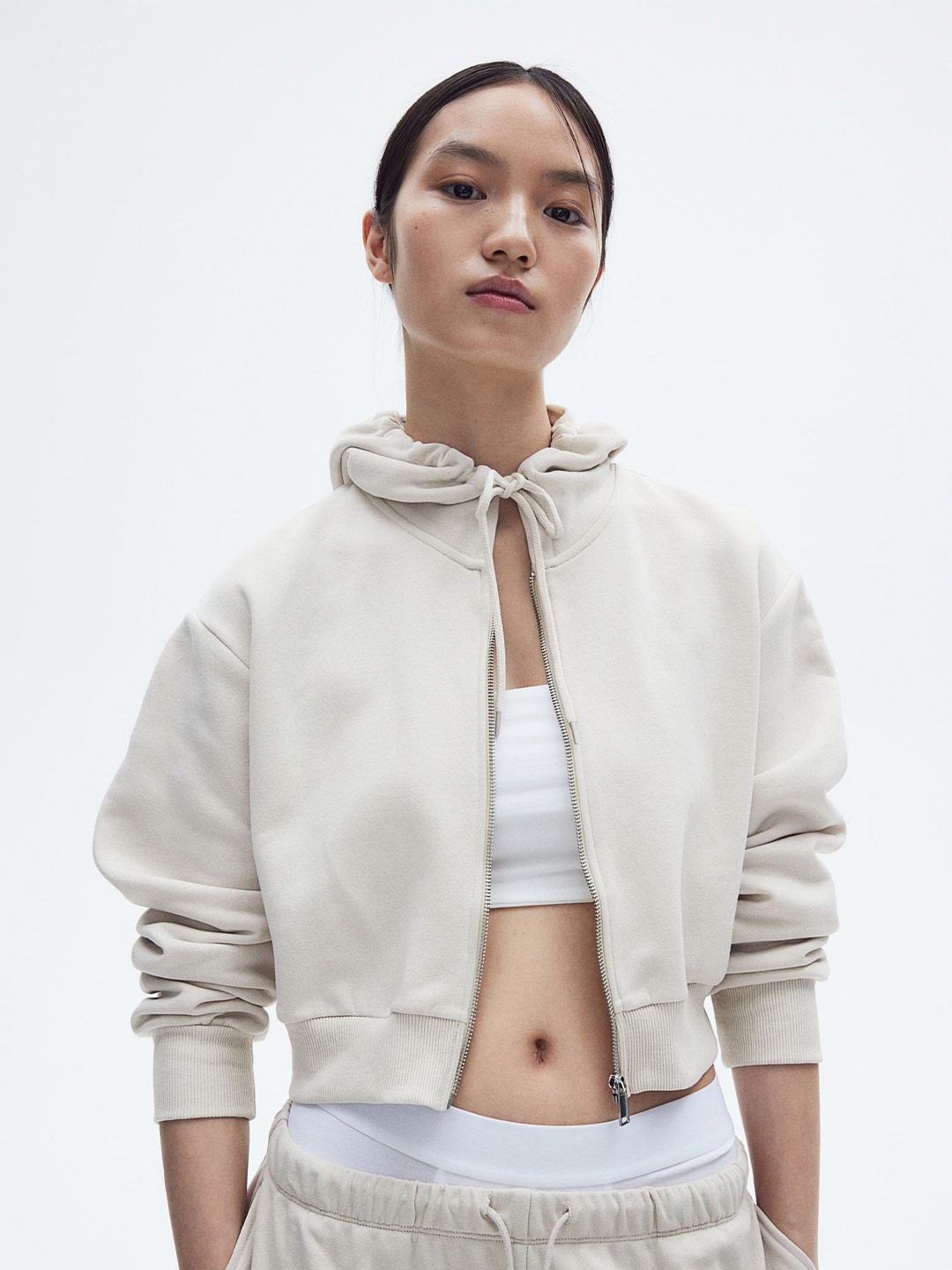 

H&M Cropped Zip-Through Hoodie, Beige