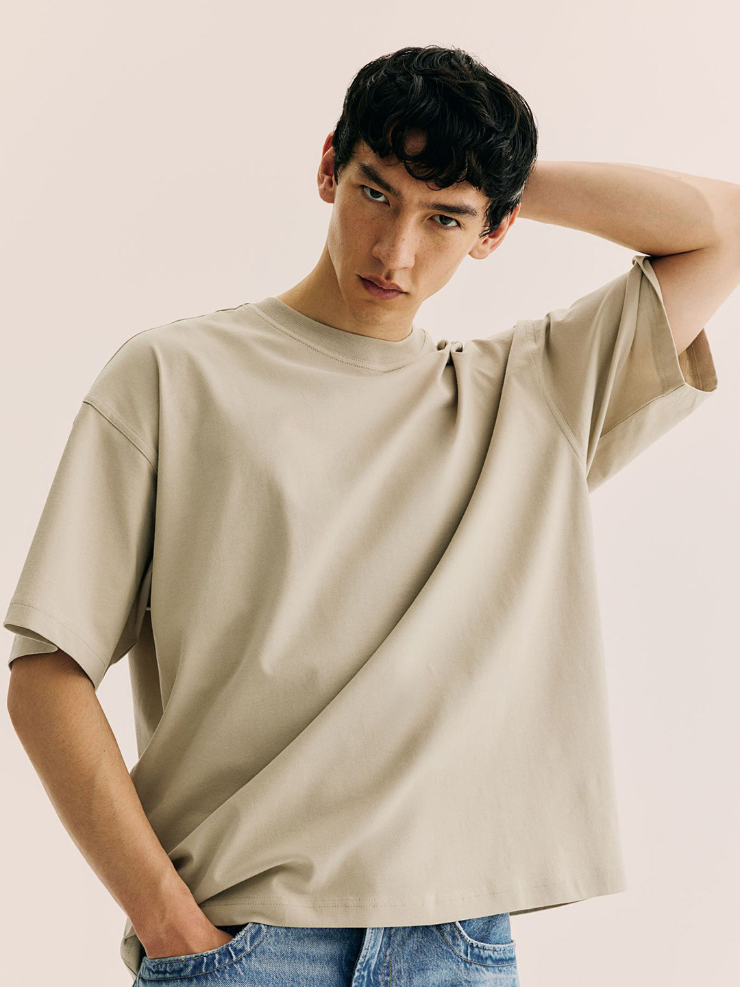 

H&M Pure Cotton Oversized Fit T-Shirt, Beige
